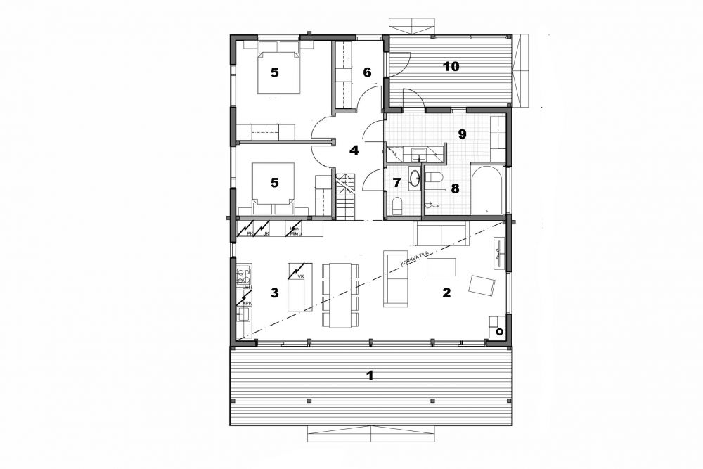 План дома: 
1. Терраса
2. Гостиная
3. Кухня-столовая
4. Холл
5. Спальни
6. Хозяйственное помещение
7. Санузел
8. Ванная комната
9. Постирочная
10. Сауна