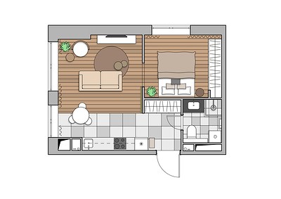 Белый цвет, тропические акценты и бетонный потолок: стильная однушка 38 кв. м в Москве