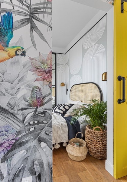 Белый цвет, тропические акценты и бетонный потолок: стильная однушка 38 кв. м в Москве