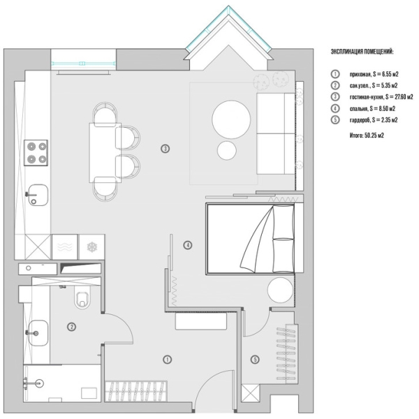 Черно-белая квартира 50 м² со спальней-трансформером в Санкт-Петербурге