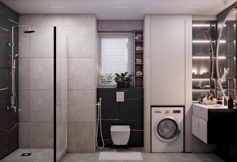 Как уместить все в дизайне ванной: туалет, стиральную машину, ванну или душ? Реальные планировки и 83 фото
