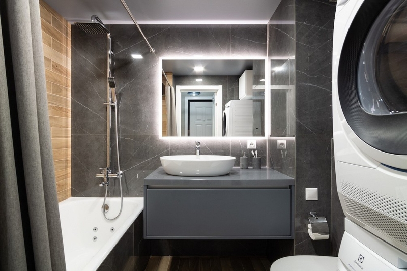 Как уместить все в дизайне ванной: туалет, стиральную машину, ванну или душ? Реальные планировки и 83 фото