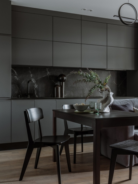 Квартира 55 м² в темных тонах для молодой семьи в Подмосковье