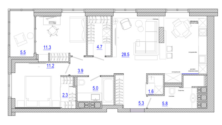 Эклектичный интерьер для молодой пары 84 м²