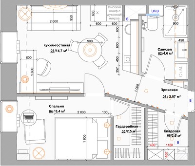 Как на 36 кв. м уместили все: маленькая квартира со спальней, кухней-гостиной и двумя гардеробными