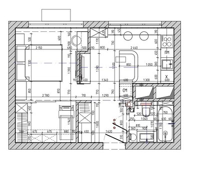 Как в однокомнатной квартире 36 кв. м выделить спальню, кухню-гостиную и гардеробную? Реальный пример интерьера