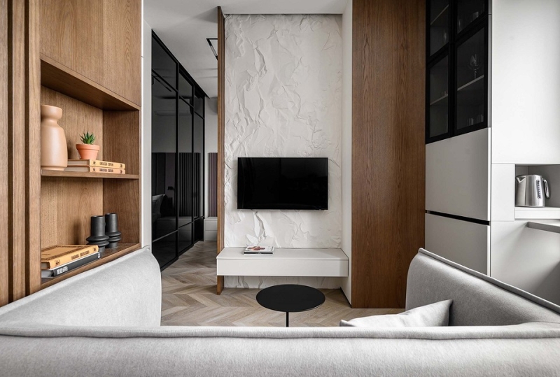 Как в однокомнатной квартире 36 кв. м выделить спальню, кухню-гостиную и гардеробную? Реальный пример интерьера