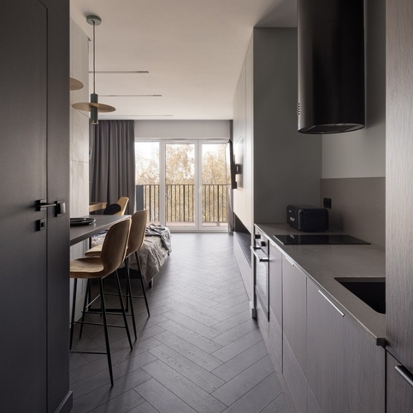 Кухня в коридоре: плюсы и минусы, особенности согласования и 4 варианта планировки (62 фото)