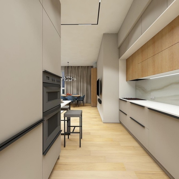 Кухня в коридоре: плюсы и минусы, особенности согласования и 4 варианта планировки (62 фото)