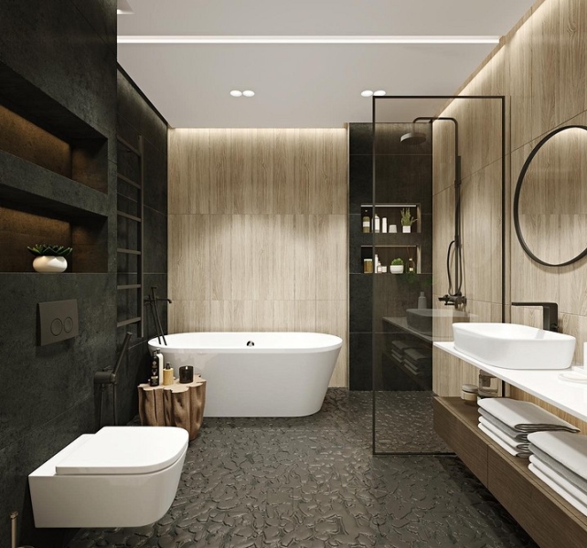 Сочетание плитки в ванной: как скомбинировать разные цвета и фактуры для гармоничного интерьера (97 фото)
