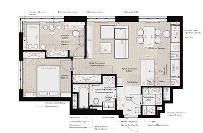 Кухня и кабинет в шкафу, двери для кота и много других классных идей! Квартира 66 кв. м для семьи