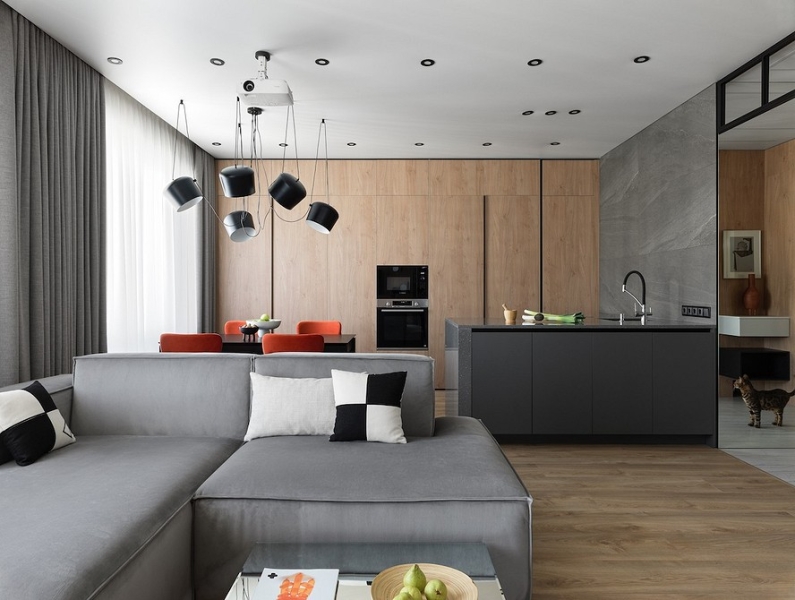 Кухня и кабинет в шкафу, двери для кота и много других классных идей! Квартира 66 кв. м для семьи