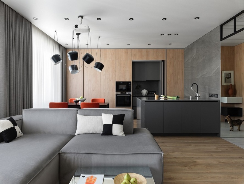 Кухня и кабинет в шкафу, двери для кота и много других классных идей! Квартира 66 кв. м для семьи