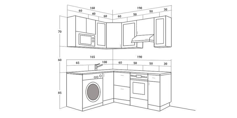 
                                Расстояния на кухне: 5 элементов кухонной математики, фото и рабочие схемы                            