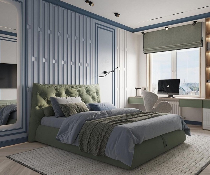 Голубая спальня: идеи оформления, подходящие стили и 110 фото