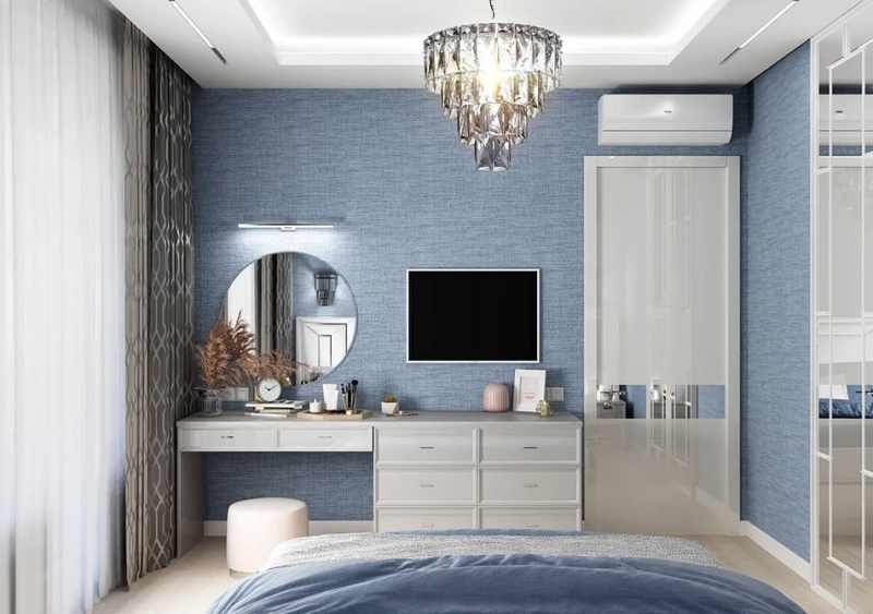Голубая спальня: идеи оформления, подходящие стили и 110 фото