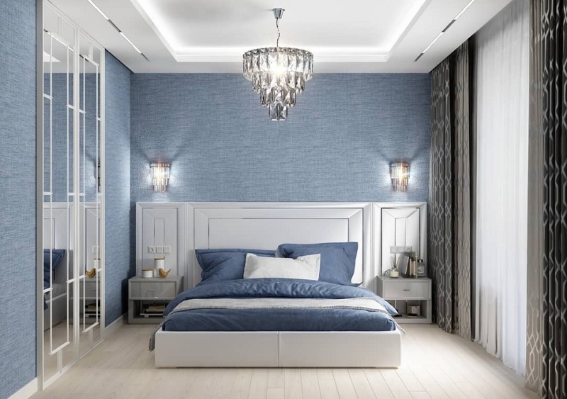 Голубая спальня: идеи оформления, подходящие стили и 110 фото