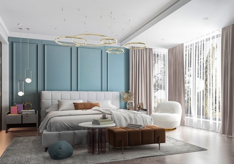 Голубая спальня: идеи оформления, подходящие стили и 110 фото