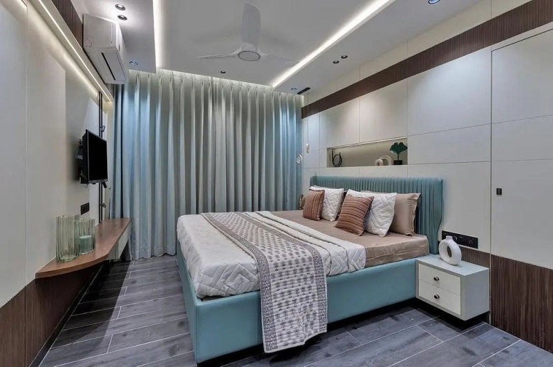 Голубая спальня: идеи оформления, подходящие стили и 110 фото