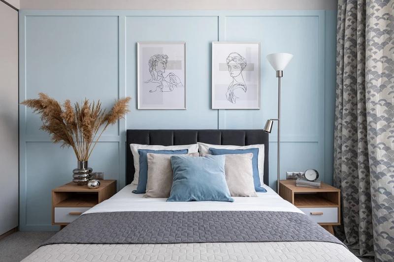 Голубая спальня: идеи оформления, подходящие стили и 110 фото