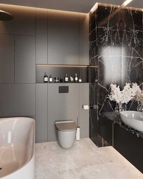 
                                Серая ванная: советы по обустройству, цветовые схемы и 97 стильных фото                            