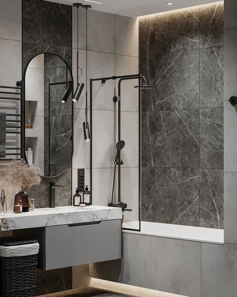 
                                Серая ванная: советы по обустройству, цветовые схемы и 97 стильных фото                            