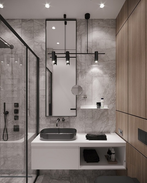 
                                Серая ванная: советы по обустройству, цветовые схемы и 97 стильных фото                            