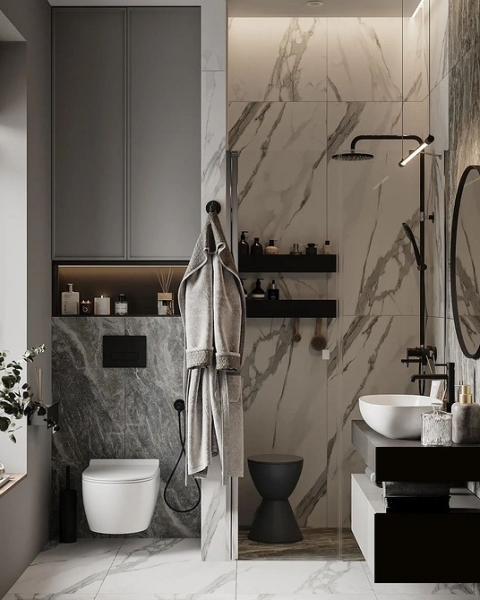 
                                Серая ванная: советы по обустройству, цветовые схемы и 97 стильных фото                            