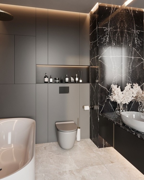 
                                Серая ванная: советы по обустройству, цветовые схемы и 97 стильных фото                            