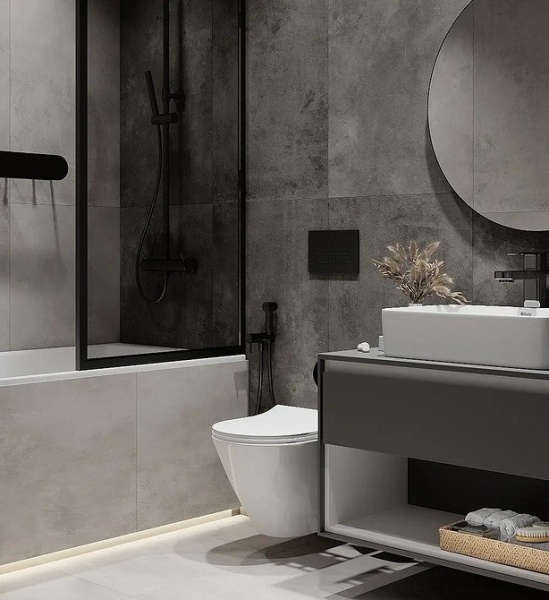 
                                Серая ванная: советы по обустройству, цветовые схемы и 97 стильных фото                            