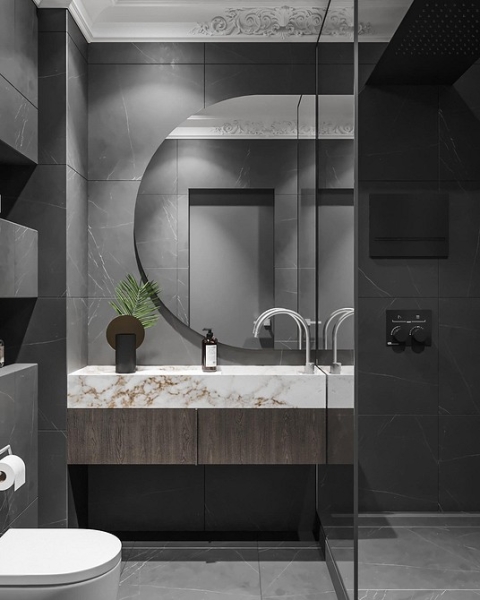 
                                Серая ванная: советы по обустройству, цветовые схемы и 97 стильных фото                            